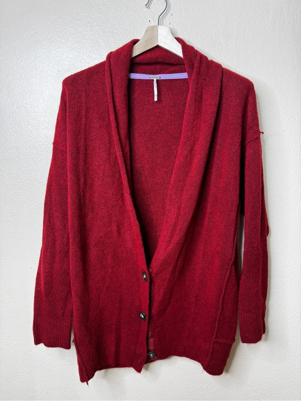 Free People Women’s Small Red Wool Blend Shawl Collar Button Cardigan Sweater